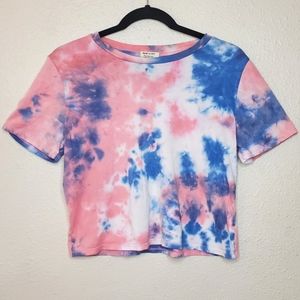 EUC Heart & Hips Pink White and Blue Short Sleeve Crop Top T-Shirt (Size: L)
